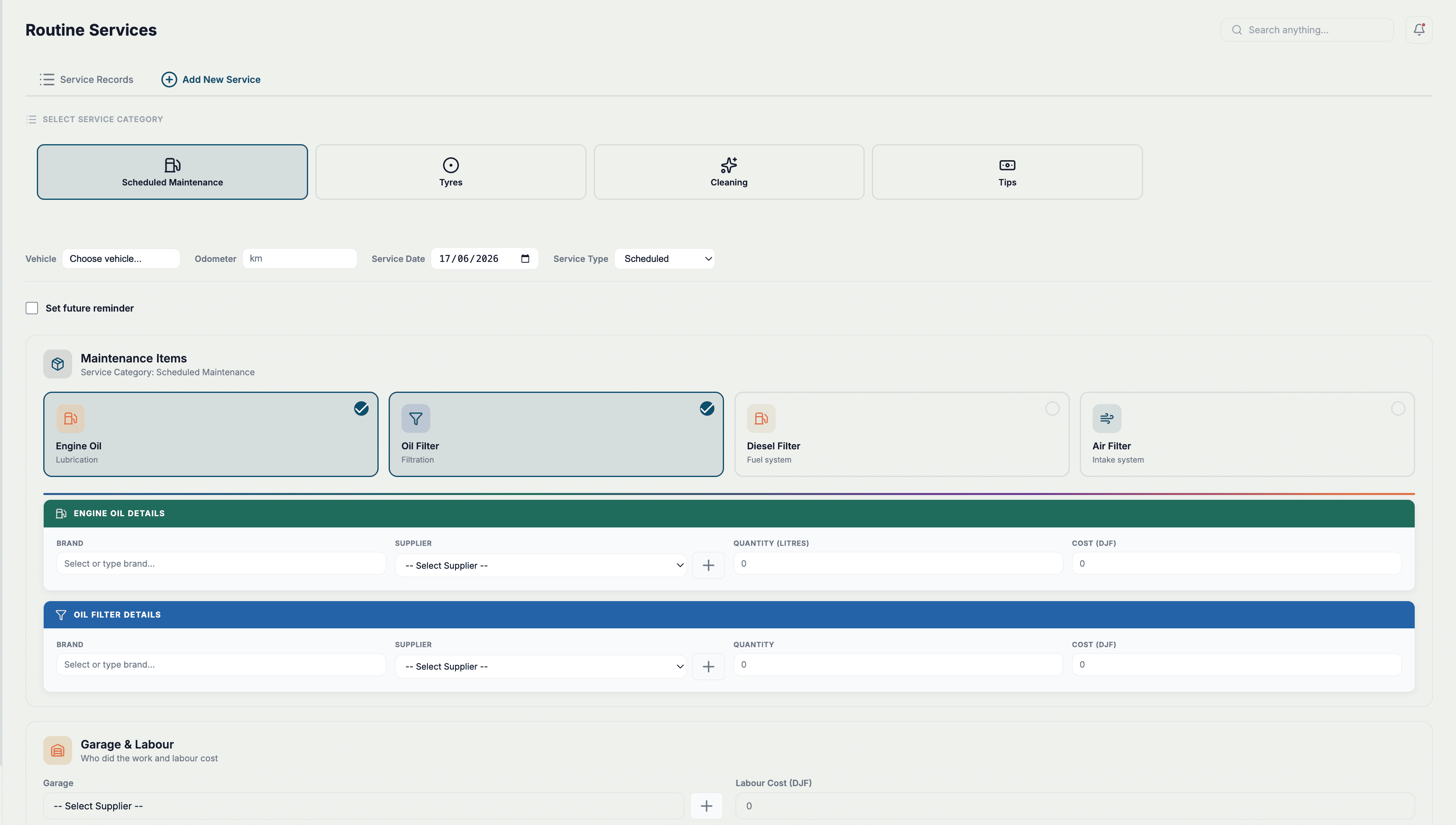 Routine services form