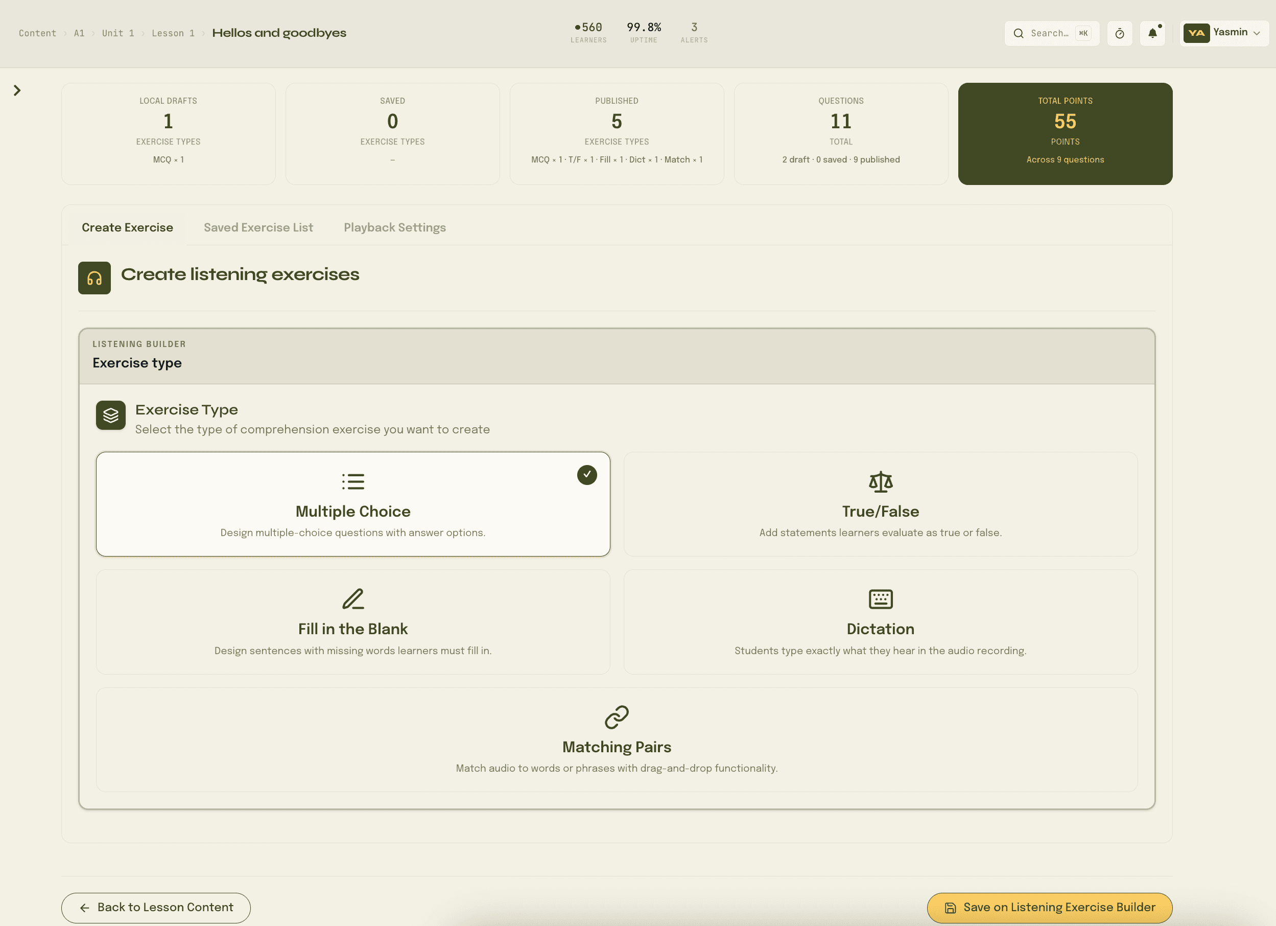 Listening exercise builder