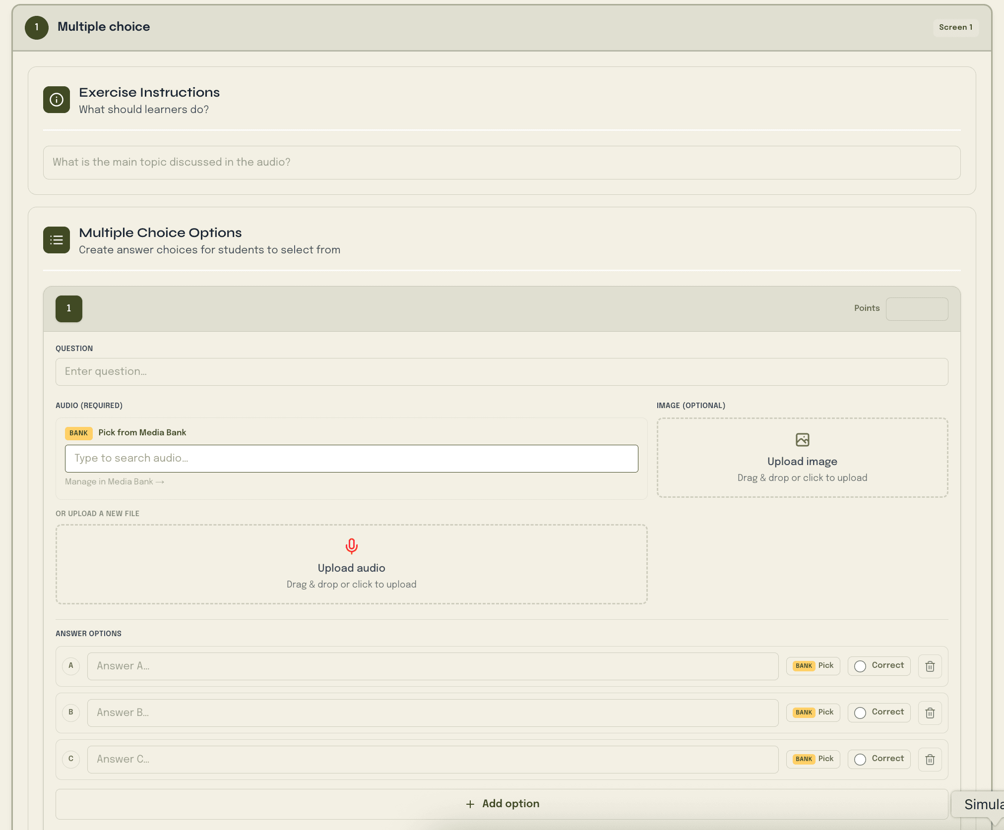 Multiple choice listening exercise editor