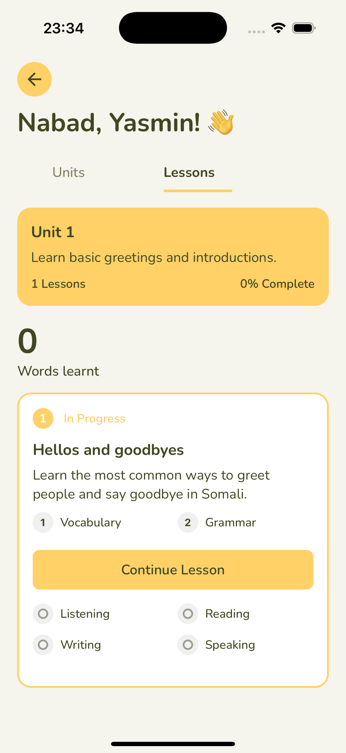 Unit and lessons overview screen